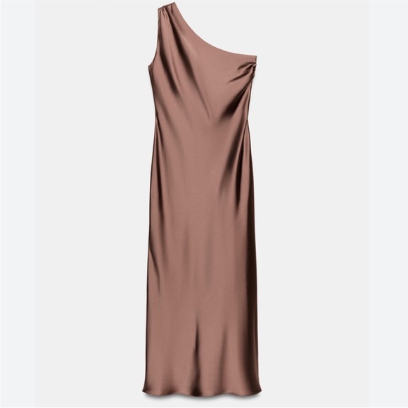 Zara Dresses & Skirts - Zara One-Shoulder Satin Slip Summer Dress in Copper bronze color